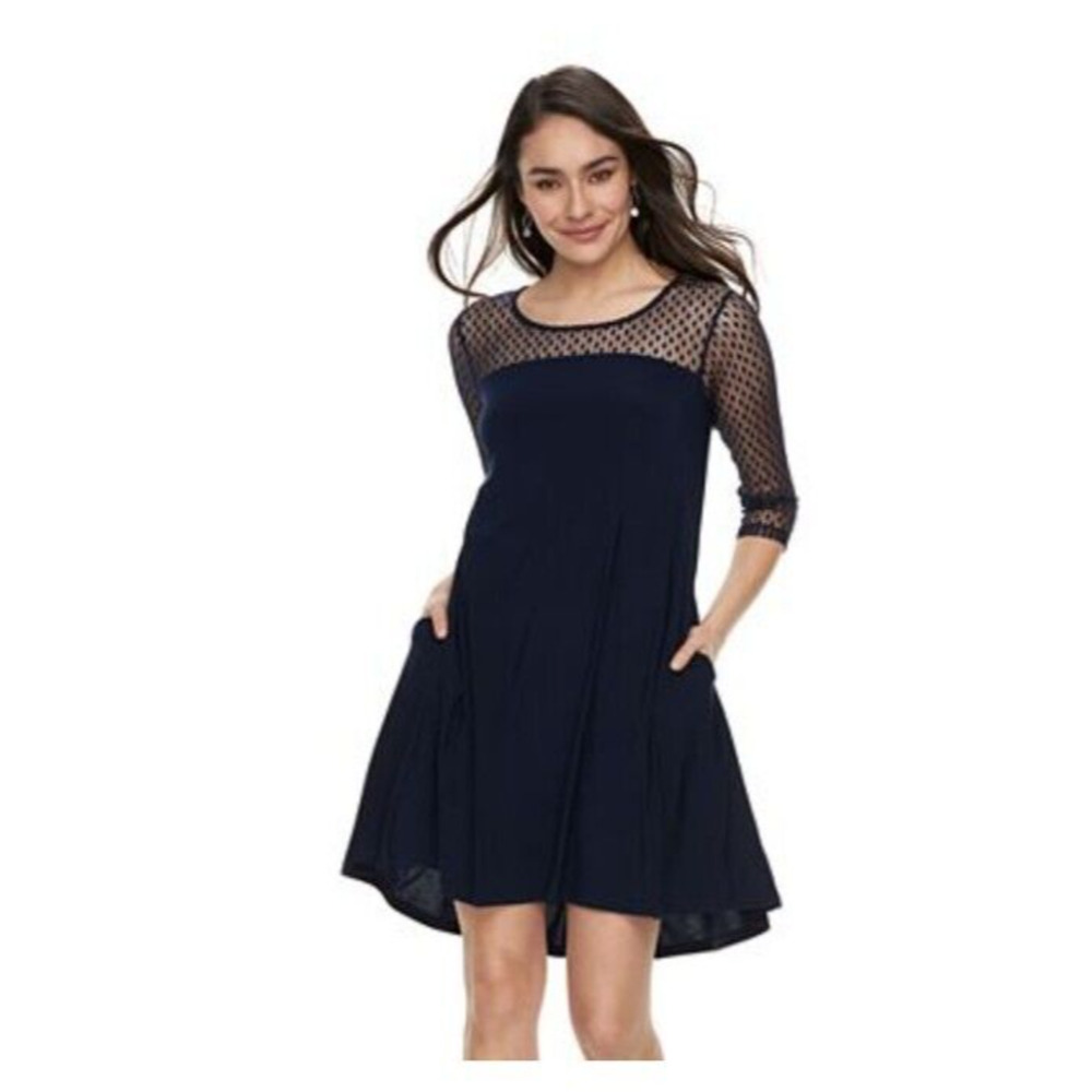 Nina Leonard Dress Womens Blue XL Fit & Flare Mesh Yoke Trapeze Flowy Midi